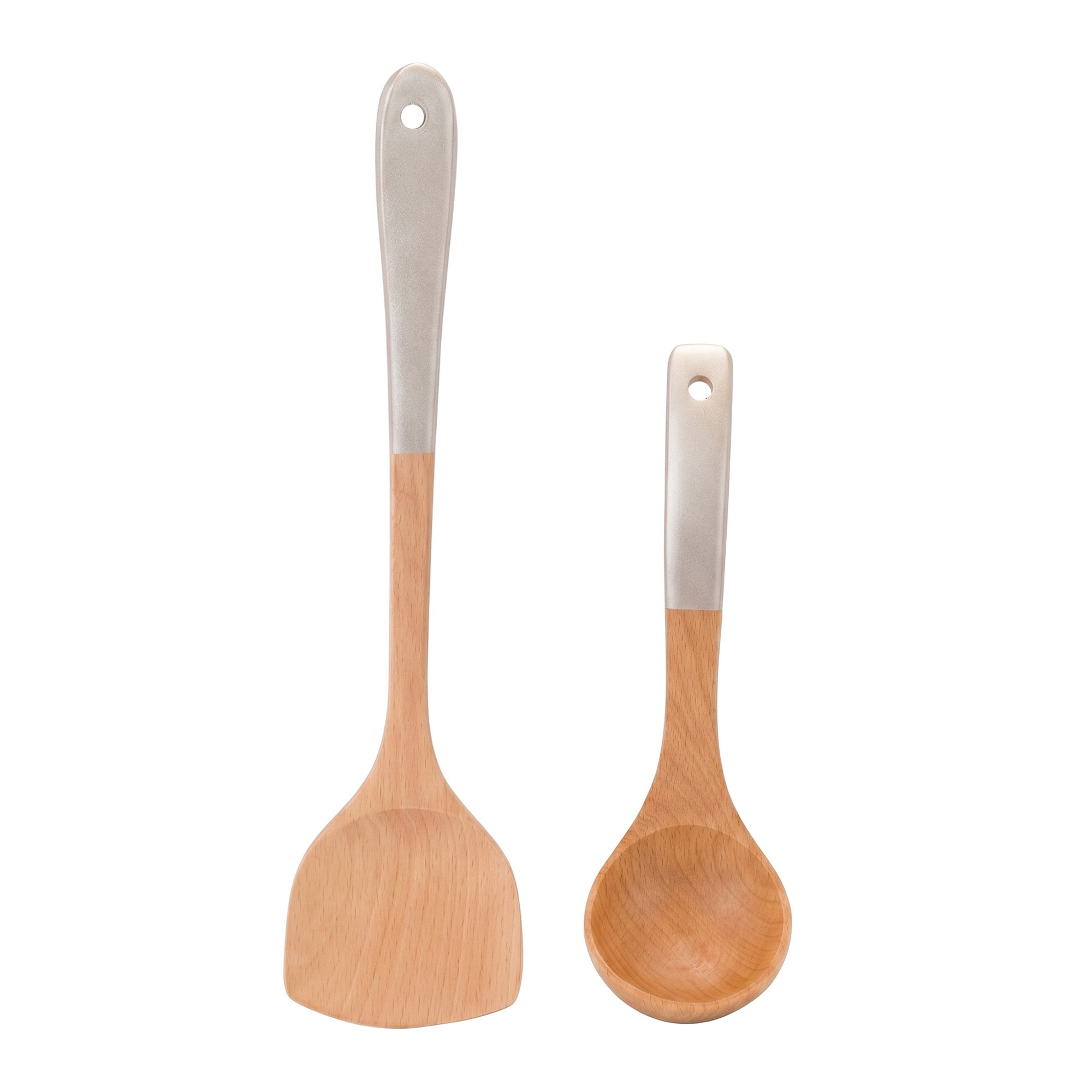 Unique Bargains Wood-colored Patchwork Round Holes Kitchen Utensil Set Silver-Gray C 2pcs