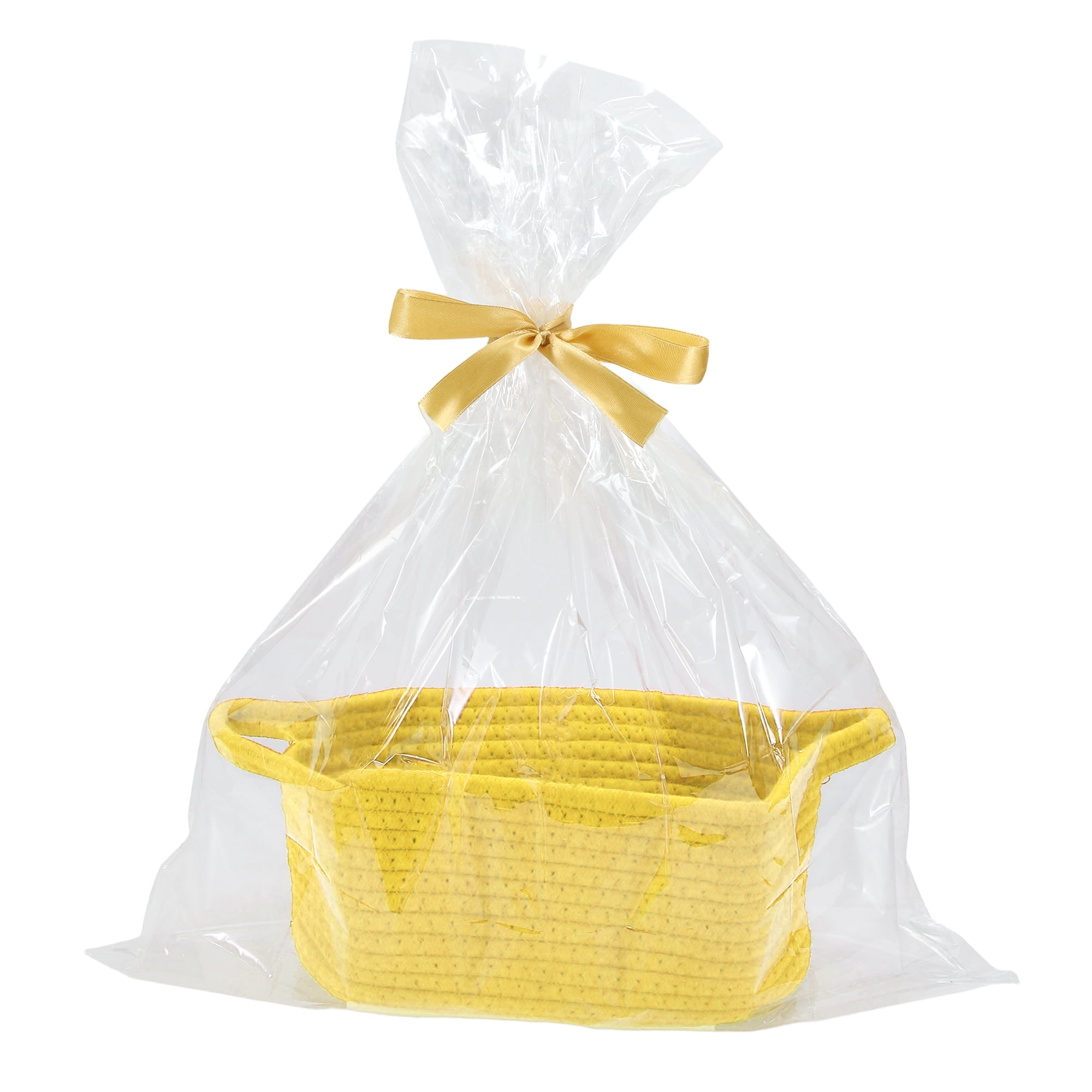 Unique Bargains Woven Empty Gift Decorative Basket with Gift Bag and Ribbon Yellow