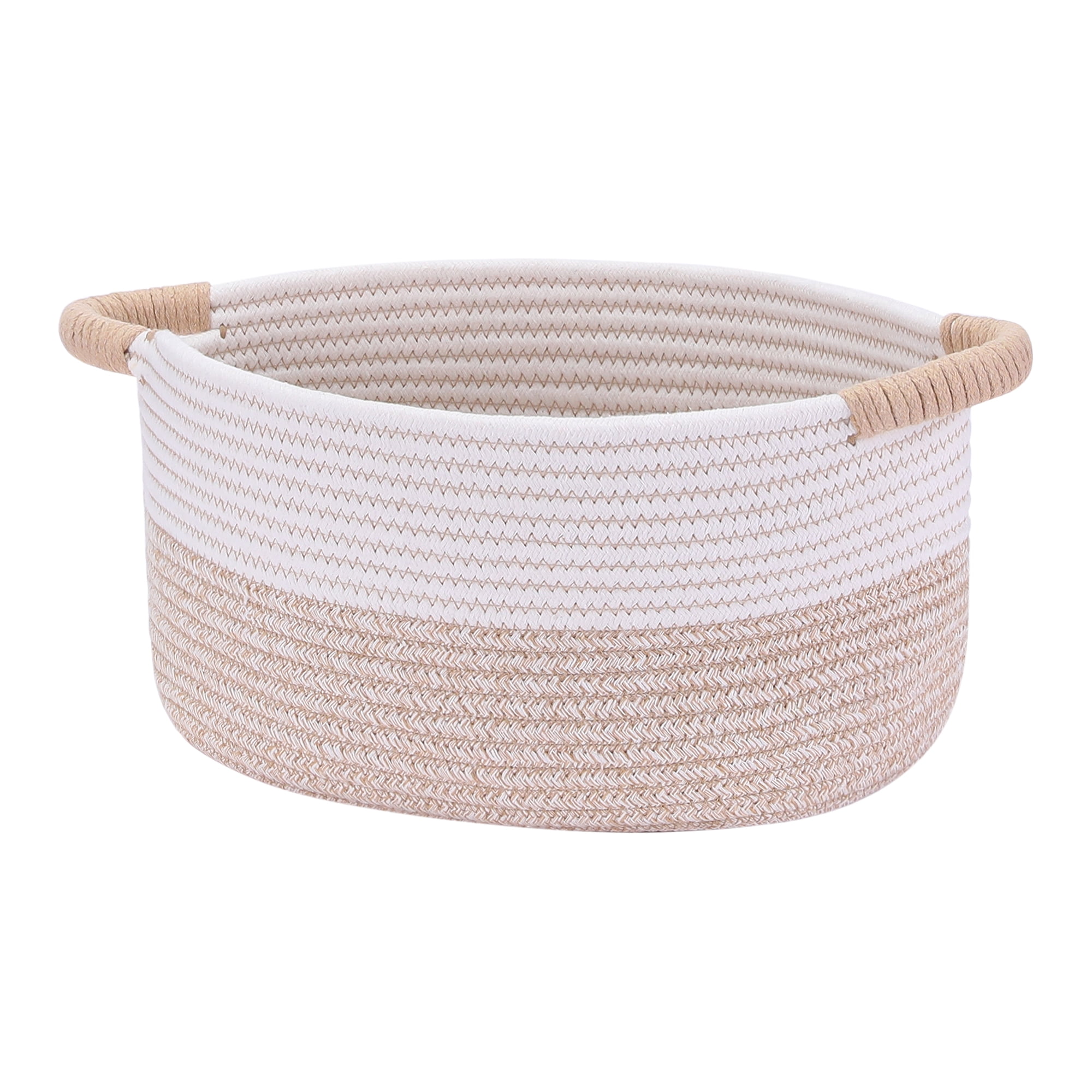 Unique Bargains Woven Storage Basket Bin with Handles White/Khaki 13*9.5*7in