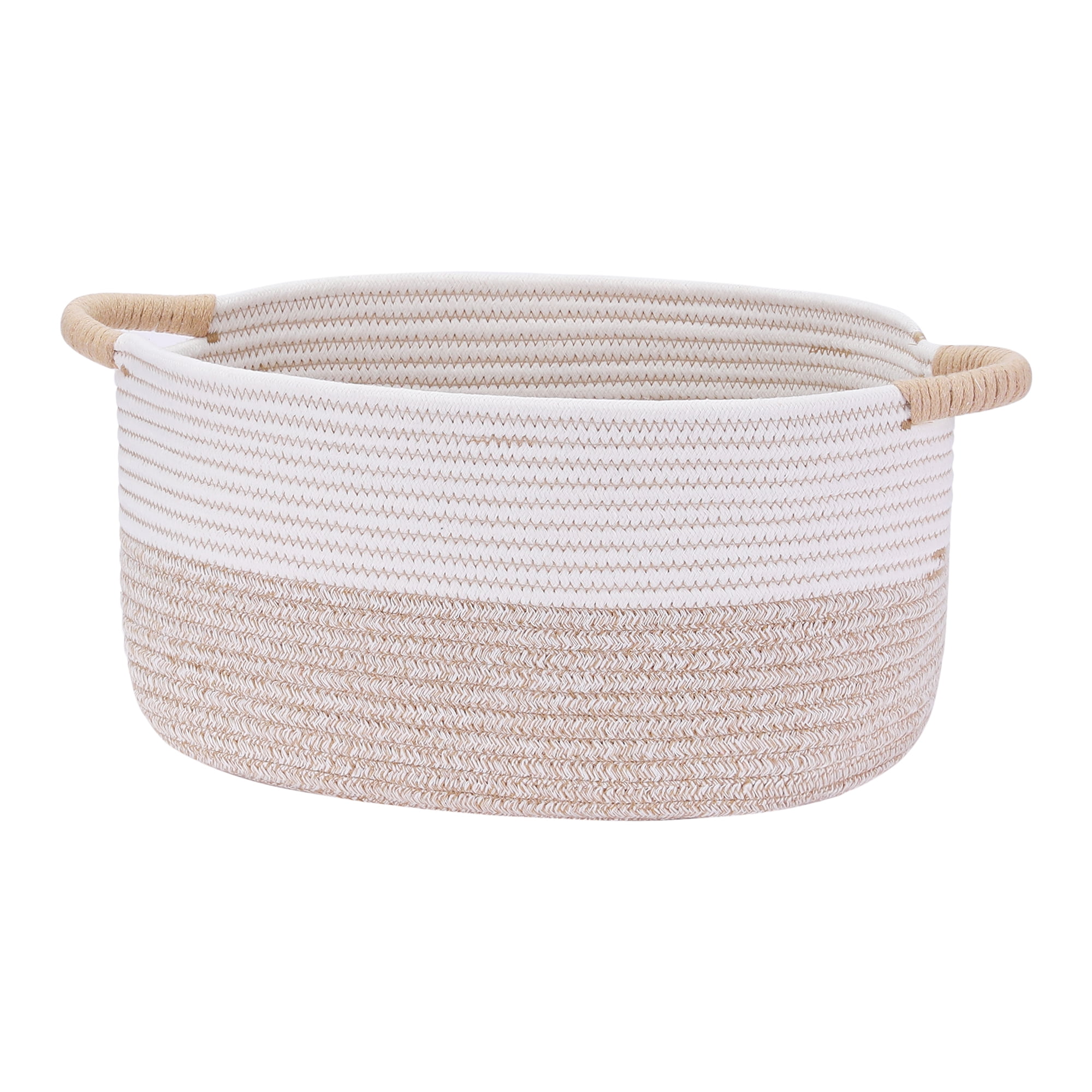 Unique Bargains Woven Storage Basket Bin with Handles White/Khaki 15.5*11.5*7.5in