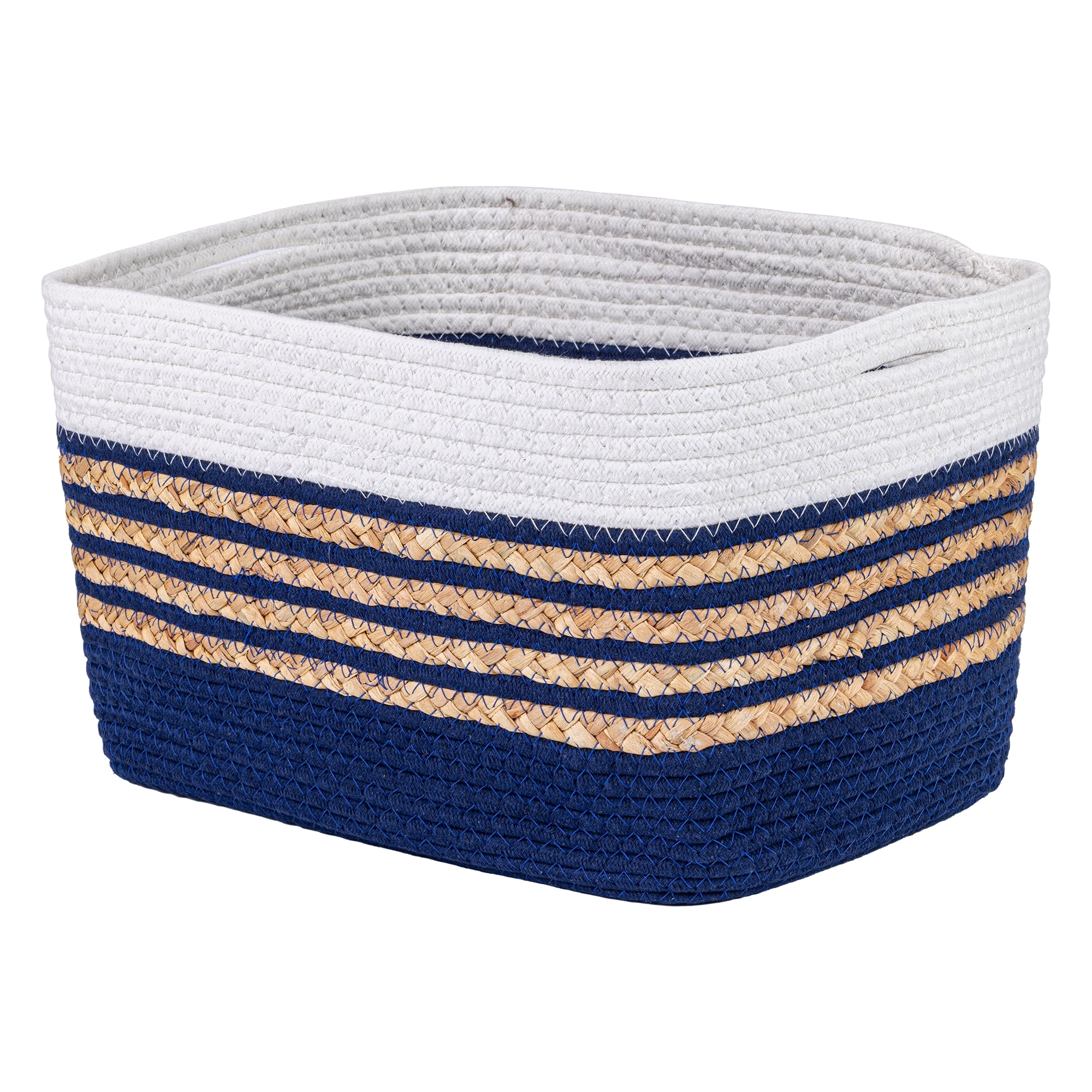 Unique Bargains Woven Storage Basket Storage Bin Blue White 15*9.8*9.1in