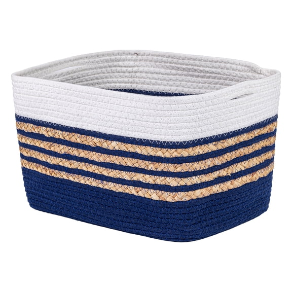 Unique Bargains Woven Storage Basket Storage Bin Blue White 15*9.8*9.1in