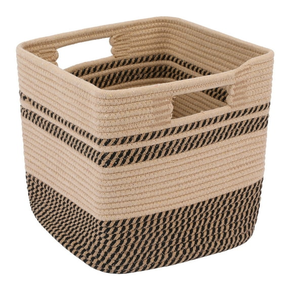 Unique Bargains Woven Storage Basket for Blankets Organizer Flaxen/Black 11*11*11in