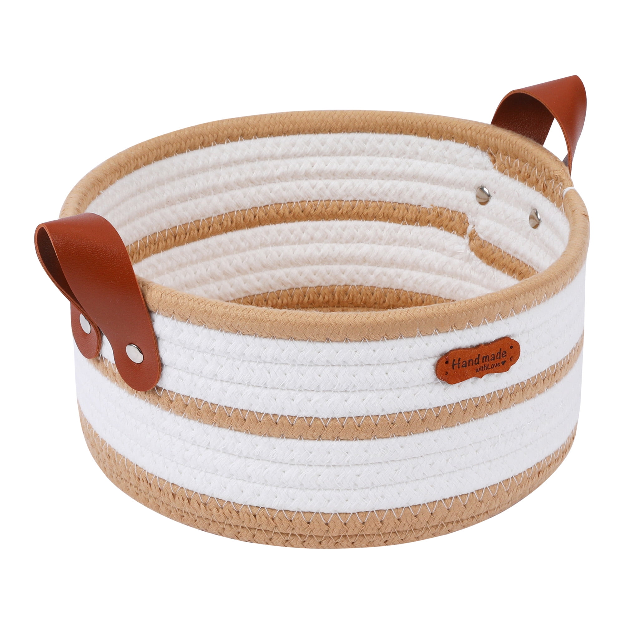 Unique Bargains Woven Storage Basket with Leather Handles Khaki 7.9*3.9in