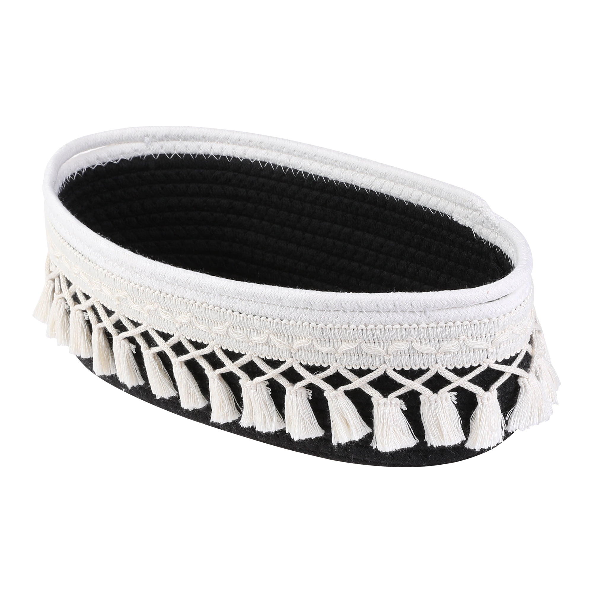 Unique Bargains Woven Storage Basket with Tassels for Key Tray Bowl Black