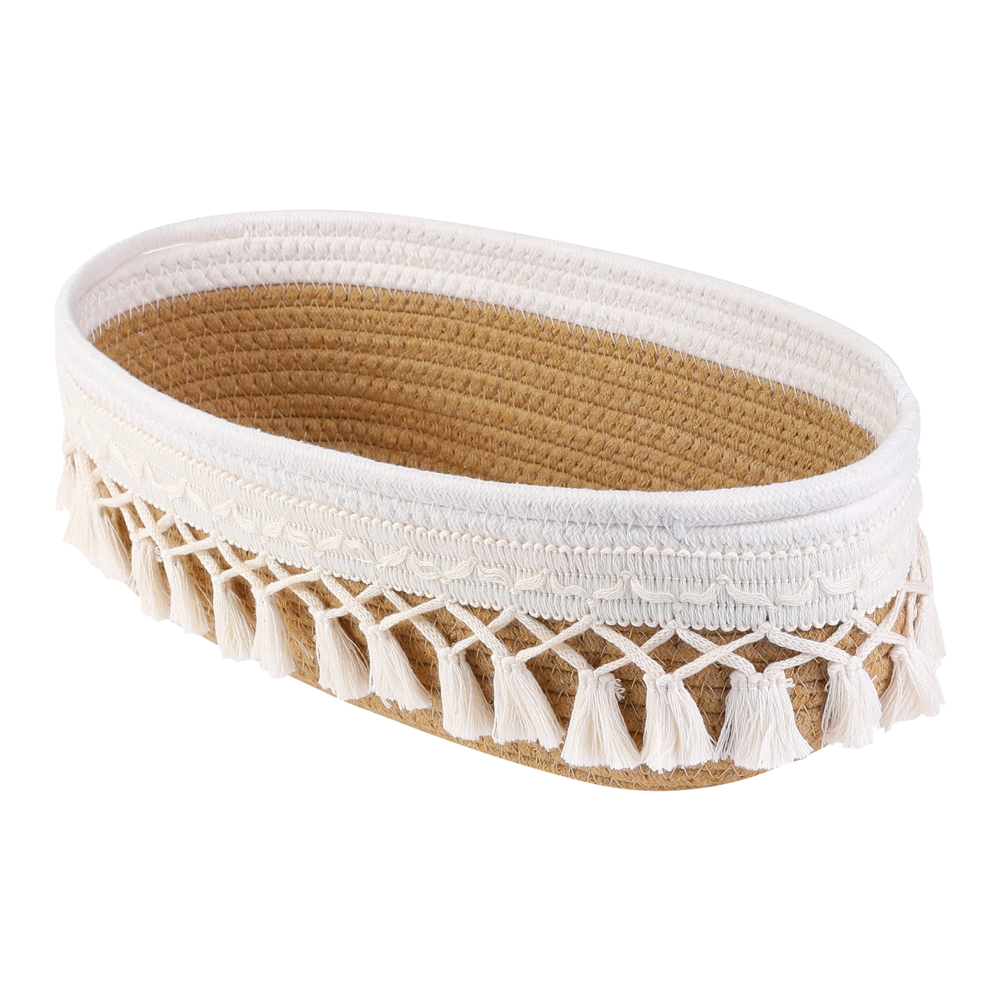 Unique Bargains Woven Storage Basket with Tassels for Key Tray Bowl Flax Yellow