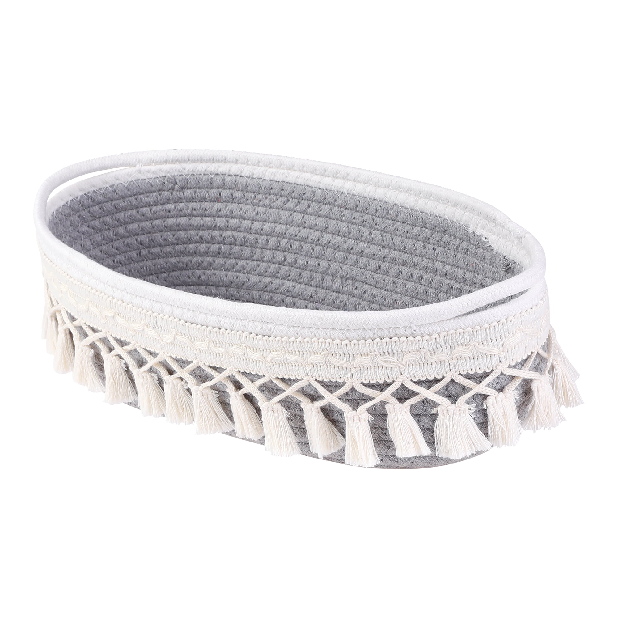 Unique Bargains Woven Storage Basket with Tassels for Key Tray Bowl Light Gray
