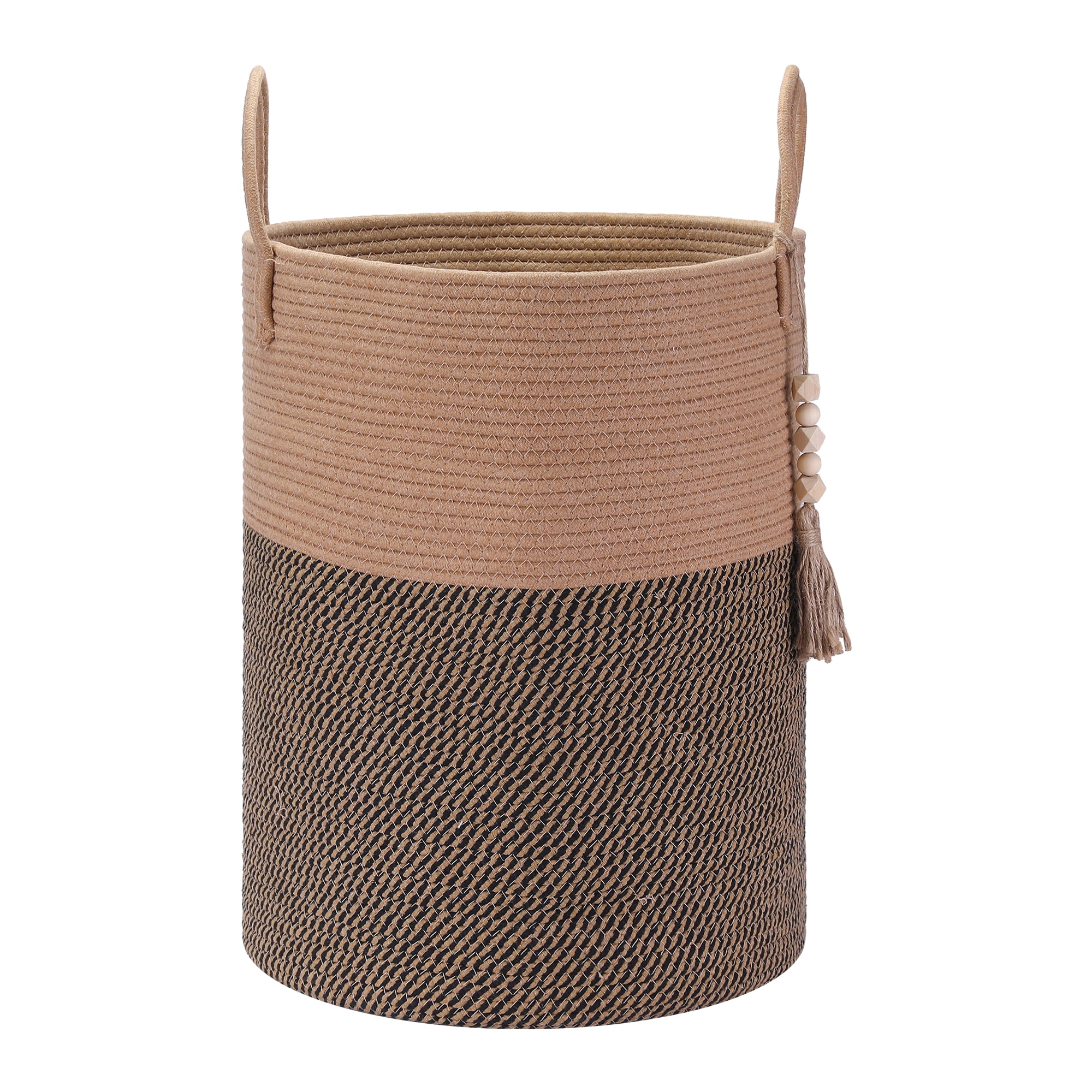 Unique Bargains Woven Storage Bin with Handle and Tassel Beads Storage Basket Brown Black