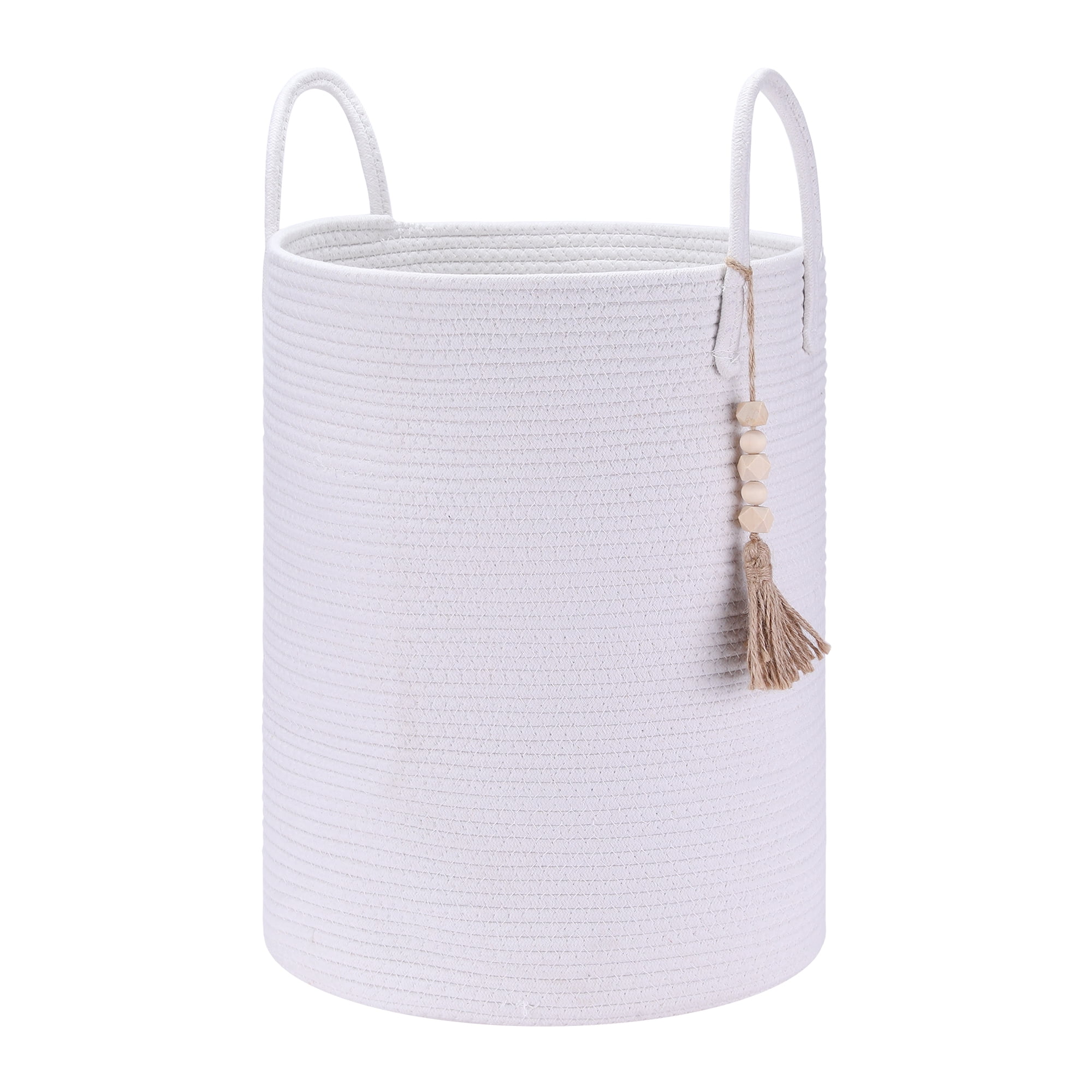 Unique Bargains Woven Storage Bin with Handle and Tassel Beads Storage Basket White