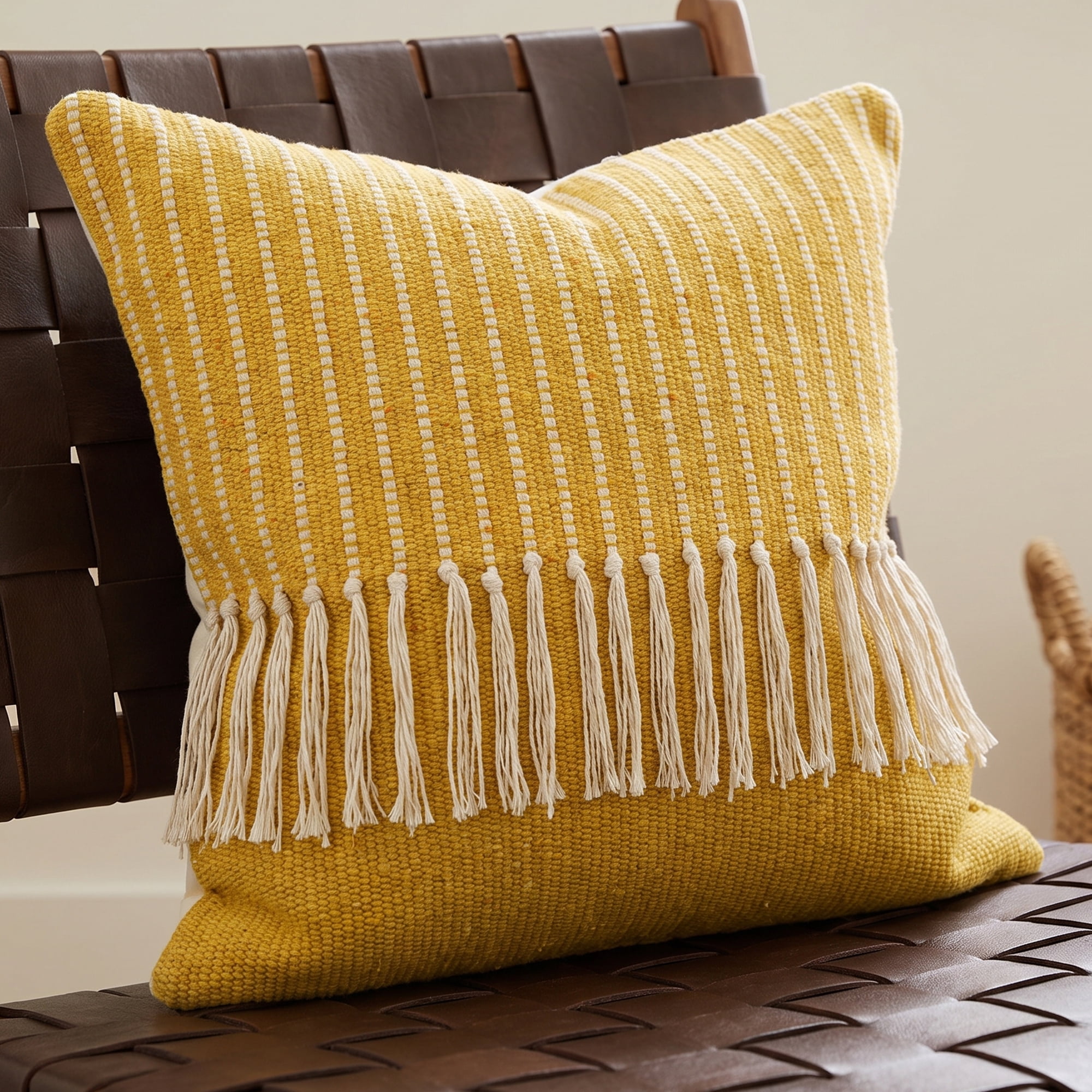 Unique Bargains Woven Striped Throw Pillow Cover Tassels Cushion Case Turmeric 18" x 18"