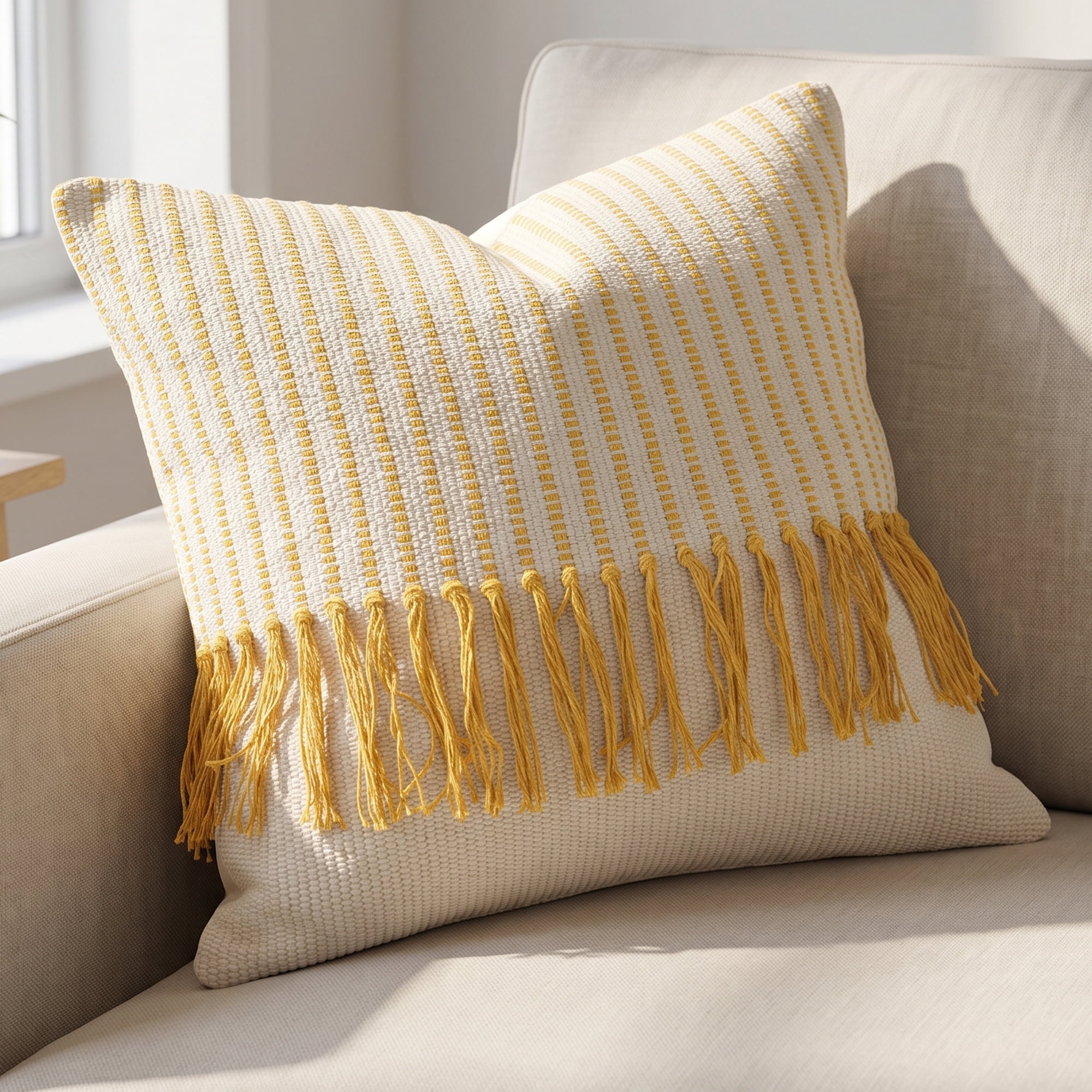 Unique Bargains Woven Striped Throw Pillow Cover Tassels Cushion Case Yellow 18" x 18"