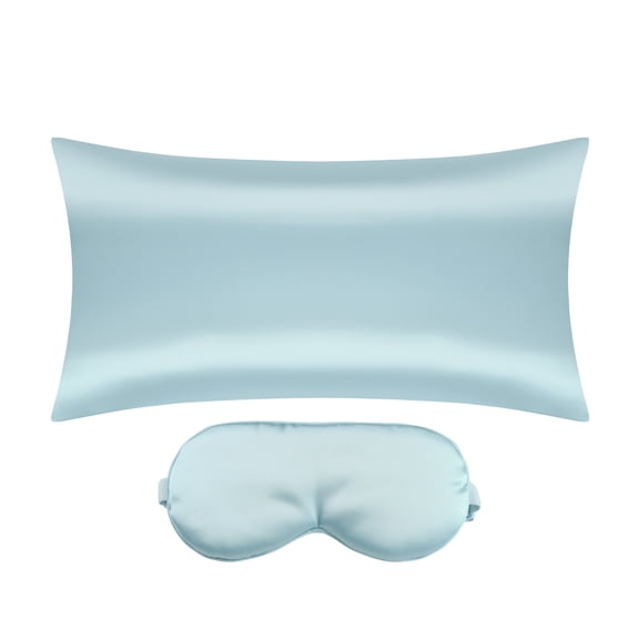 Unique Bargains Zipper Closure Satin Solid Pillowcase with Eye Mask Blue Non-Standard