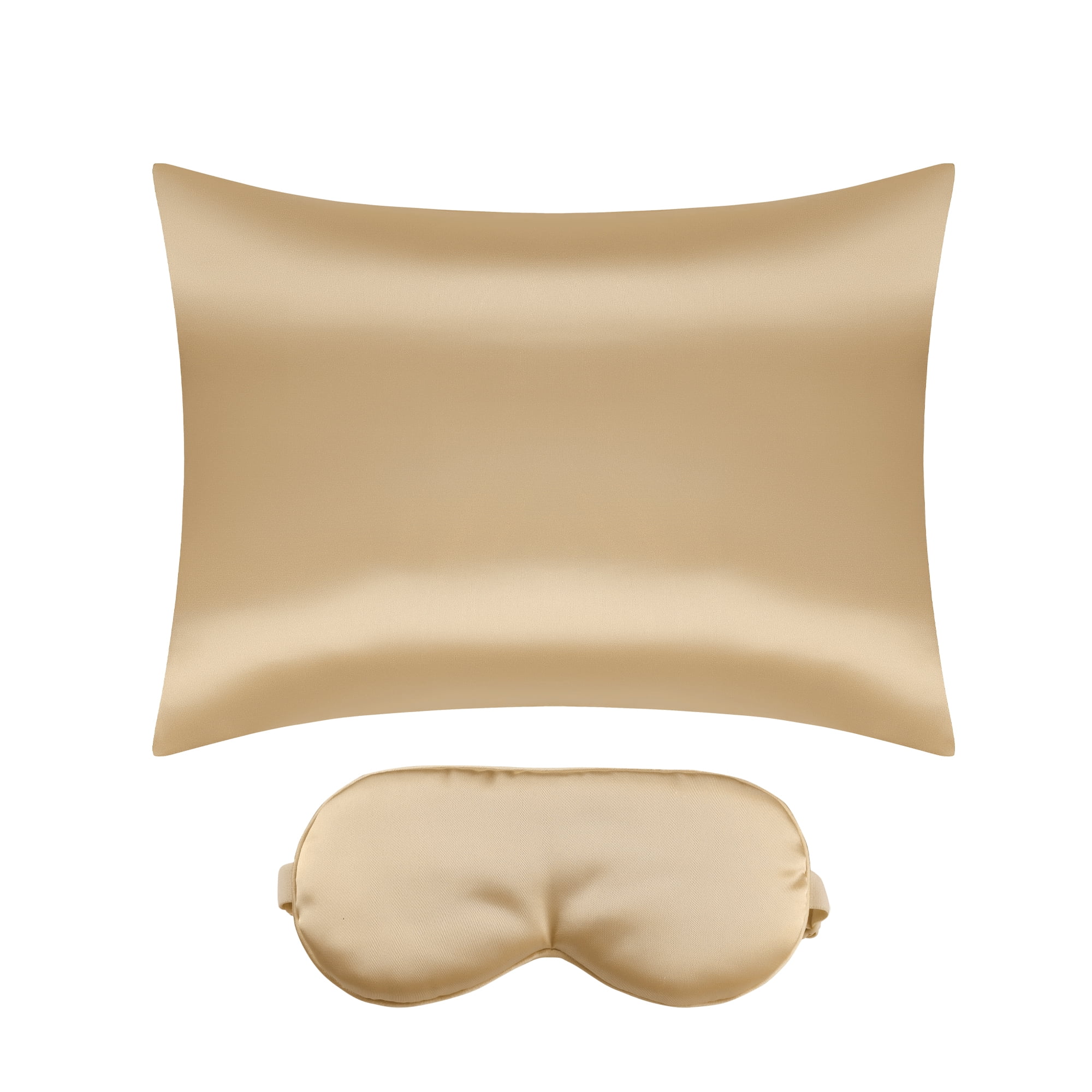 Unique Bargains Zipper Closure Satin Solid Pillowcase with Eye Mask Gold Queen