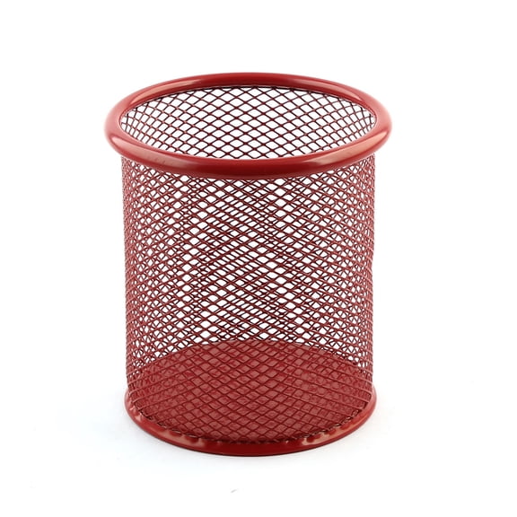 Unique Bargains Office Metal Cylinder Shape Meshy Stationery Pencil Ruler Pen Holder Dark Red