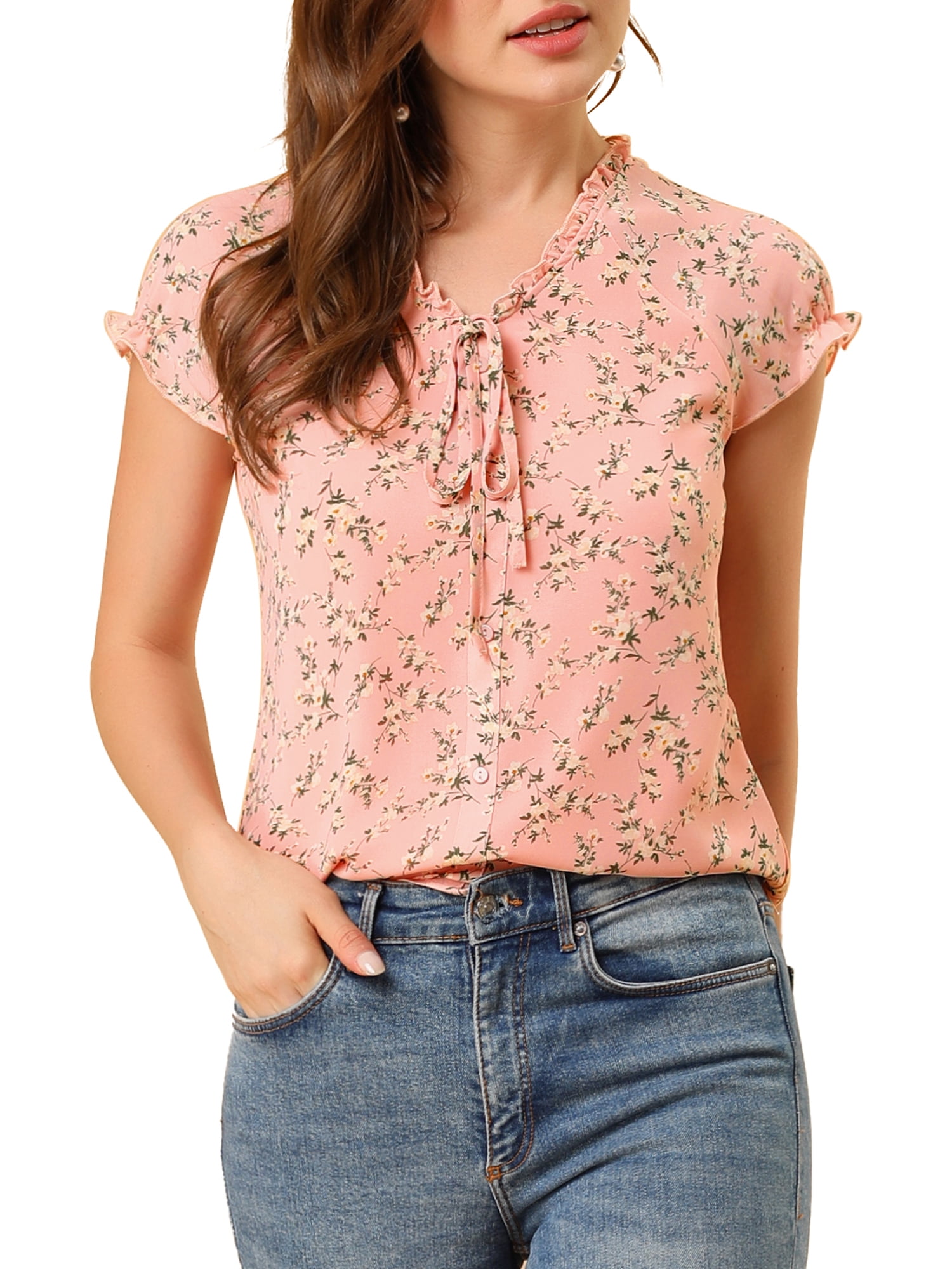 Unique BargainsWomen's Ruffle V Neck Cap Sleeve Chiffon Floral Blouse