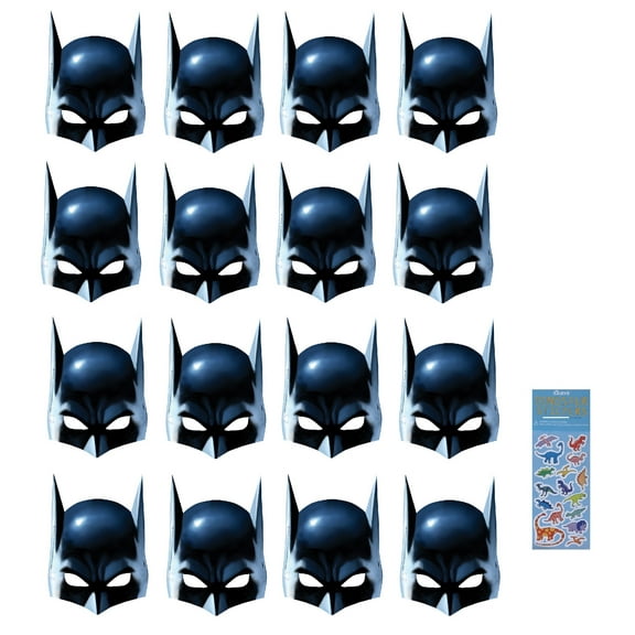 Unique Batman Super Hero Birthday Party Supplies Bundle Black with 16 Party Paper Masks and 1 Dinosaur Sticker Sheet for All Ages