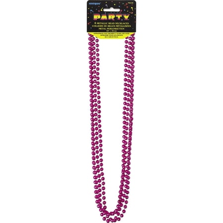 Metallic Mardi Gras Beads, 32 in, Hot Pink, 4ct