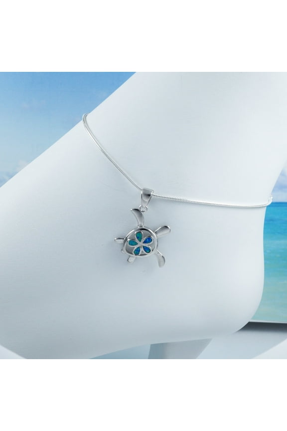 Unique Beautiful Hawaiian Blue Opal Sea Turtle Plumeria Anklet or Bracelet, Sterling Silver Opal Plumeria Turtle Charm Bracelet, A6159