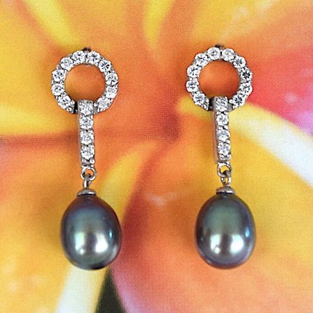 Unique Beautiful Hawaiian Genuine Black Pearl Earring, Sterling Silver Black Pearl CZ Post Dangle Earring E4337 Birthday Gift, Statement PC