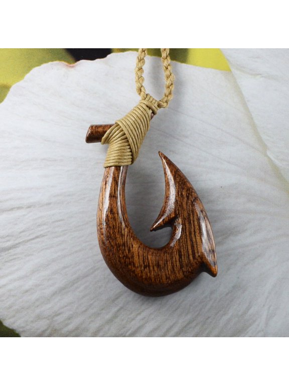 Unique Beautiful Hawaiian Large Genuine Koa Wood Fish Hook Necklace, Hand Carved Koa Wood Fish Hook Necklace, N9420 Birthday Valentine Gift