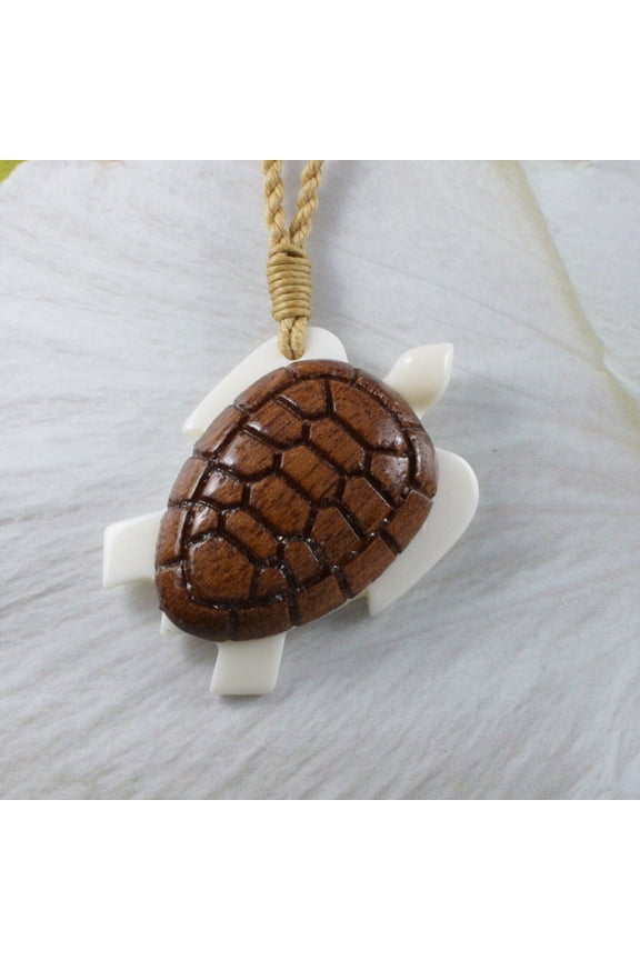 Unique Beautiful Hawaiian Large Genuine Koa Wood Sea Turtle Necklace, Hand Carved Buffalo Bone Turtle Necklace N9412 Birthday Valentine Gift