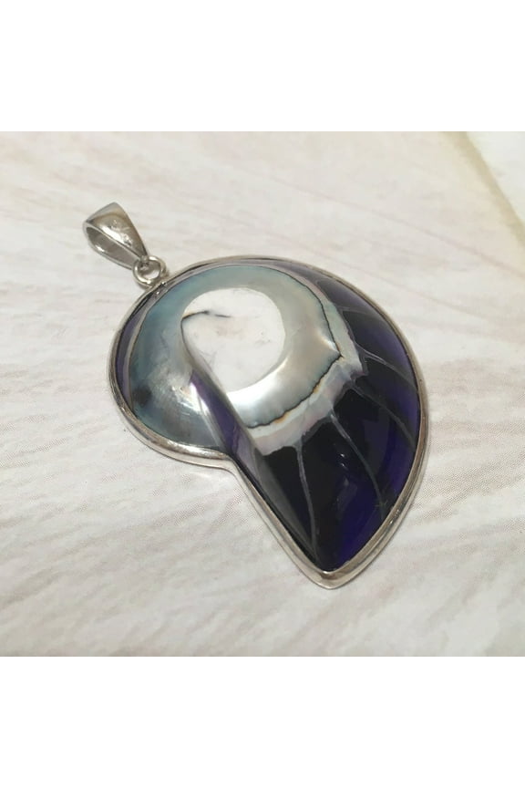 Unique Beautiful Hawaiian Large Genuine Nautilus Shell Necklace, Sterling Silver Natural Blue Nautilus Fossil Pendant, N8320 Birthday Gift