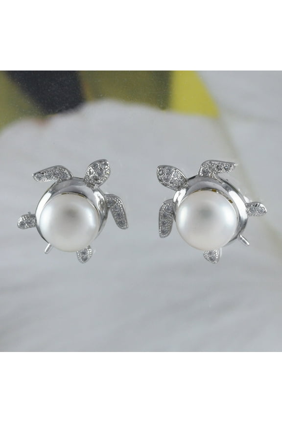 Unique Beautiful Hawaiian Large Genuine White Pearl Sea Turtle Earring, Sterling Silver Turtle Stud Earring, E8907 Birthday Mom Gift