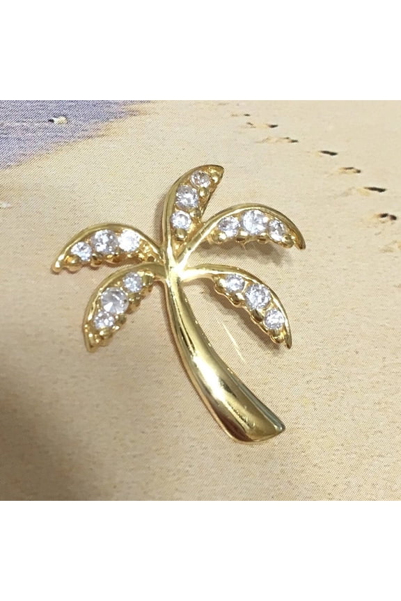Unique Beautiful Hawaiian Palm Tree Necklace, Sterling Silver Yellow-Gold Plated Palm Tree CZ Pendant, N6057 Birthday Mom Valentine Gift