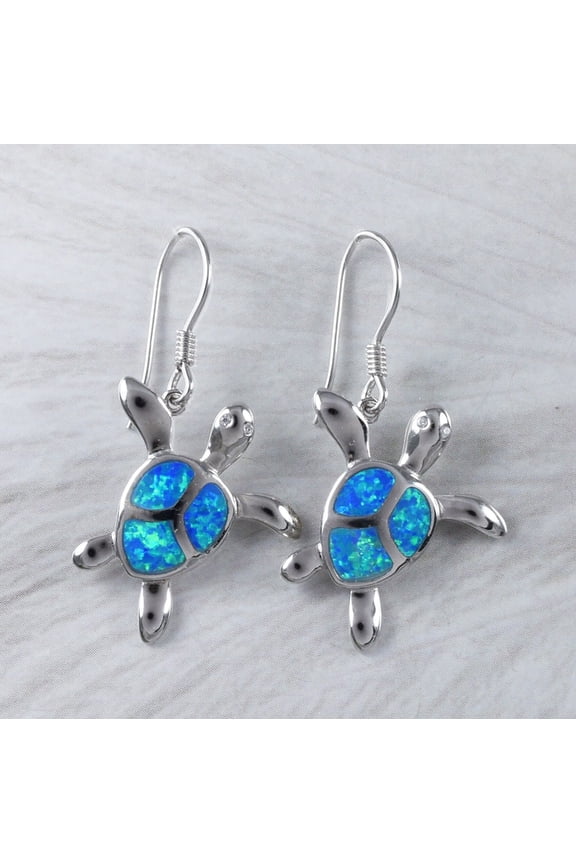Unique Beautiful Large Hawaiian Blue Opal Sea Turtle Earring, Sterling Silver Blue Opal Turtle CZ Eye Dangle Earring E9392 Birthday Mom Gift