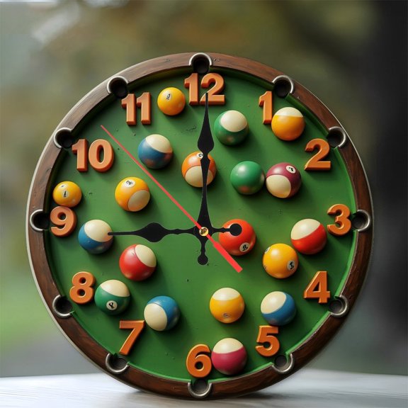 Unique Billiard Ball Clock Wall Decor 10-Inch Silent Wooden Wall Clock, Battery Operated (AA Batteries Not Included), Artistic Home Decor