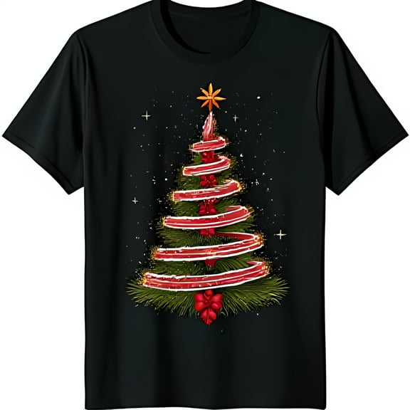 Unique Black Christmas Tree T-Shirt with Candy Design & Red Bows
