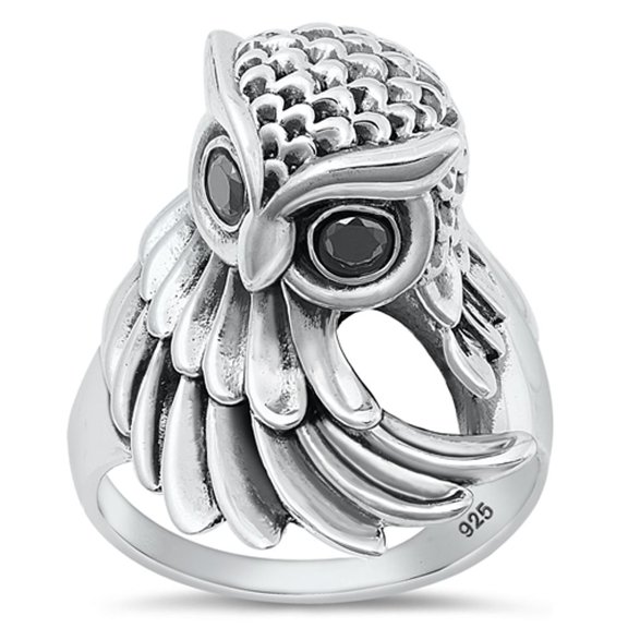Unique Black Cubic Zirconia Owl Ring .925 Sterling Silver Band Jewelry Female Male Unisex Size 11
