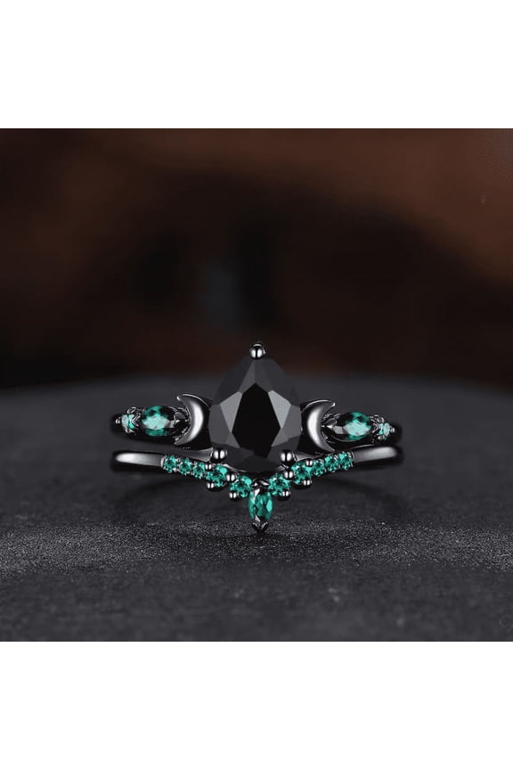 Unique Black Onyx Engagement Ring- 14K Black Gold Vermeil- Black Onyx & Emerald Ring Moon Design Ring