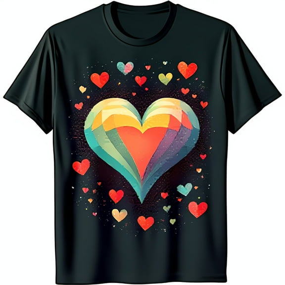 Unique Black T-Shirt with Abstract Heart Graphic in Blue Green & Red