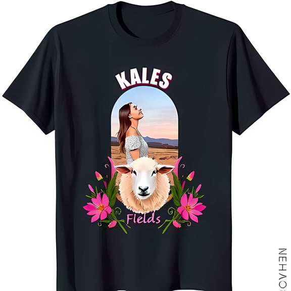 Unique Black T-Shirt with Bold 'Kales Fields' Graphic Nature & Sheep Design