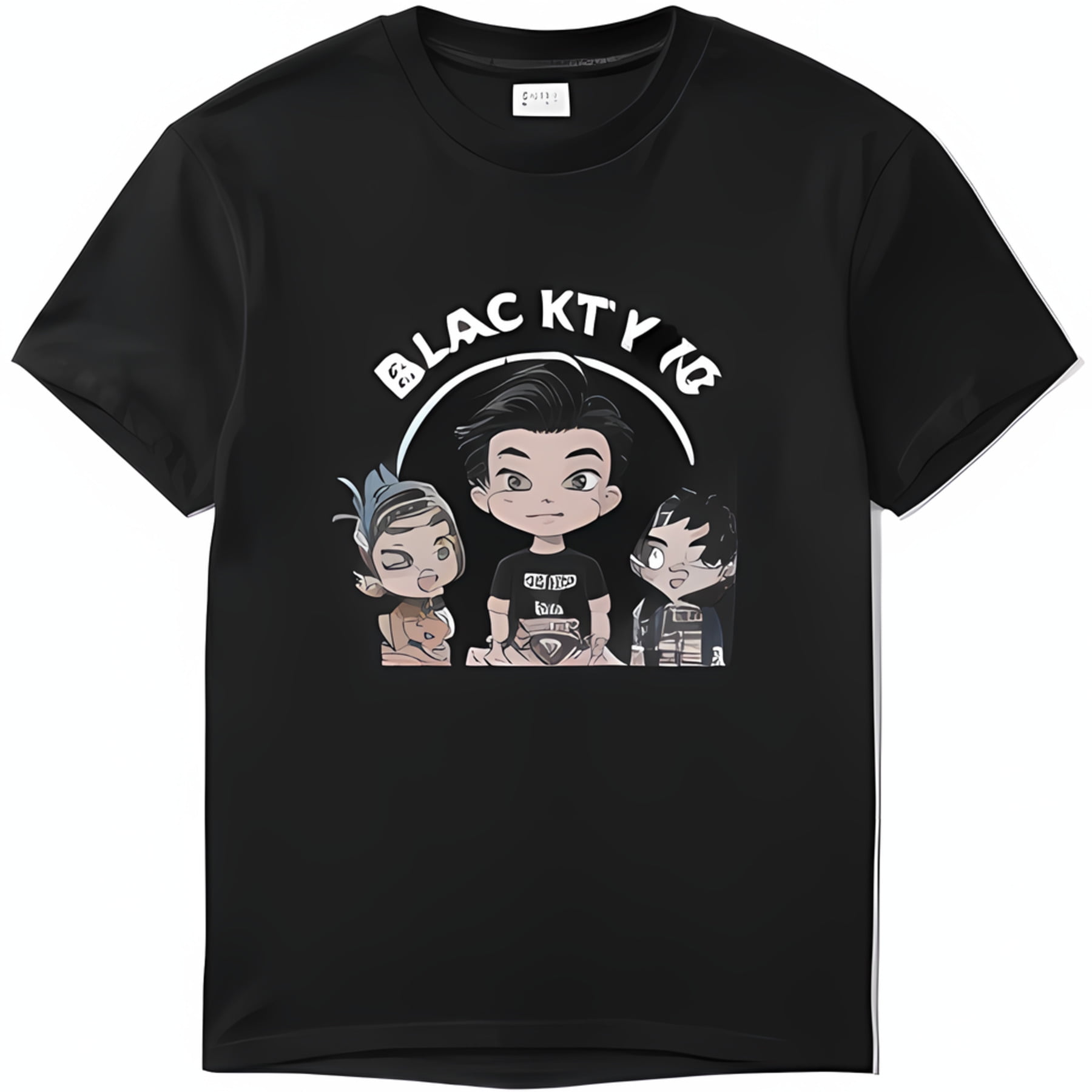 Unique Black T-Shirt with Bold Kanji Style 'BLACK' Letters & Chibi ...