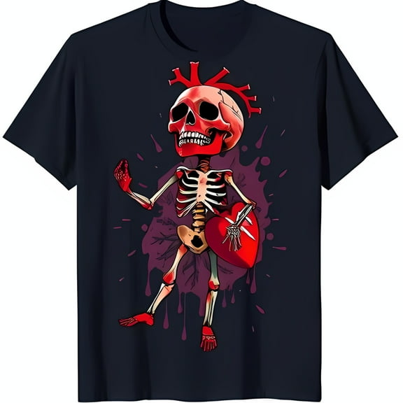 Unique Black T-Shirt with Cartoon Skeleton Graphic & Crowned Design
