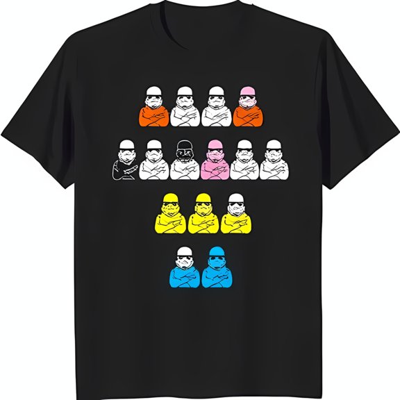 Unique Black T-Shirt with Colorful Helmeted Figures in Formation & Solidarity Design