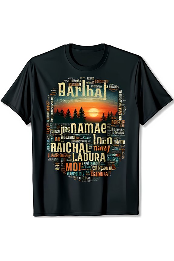 Unique Black T-Shirt with Colorful Sunset Word Cloud Graphic for Nature Lovers