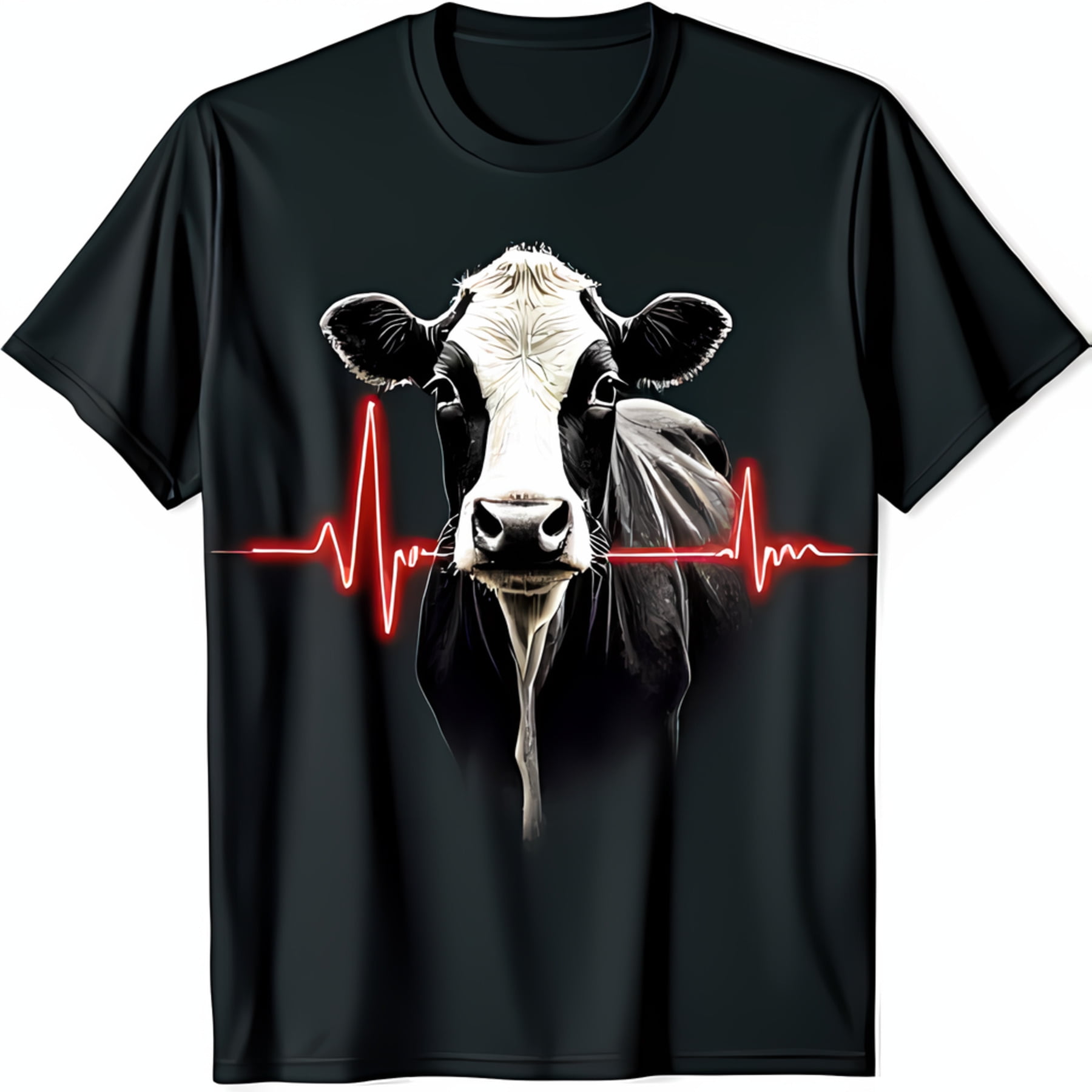 Unique Black TShirt with Detailed Cow Face Graphic & EKG Line Design