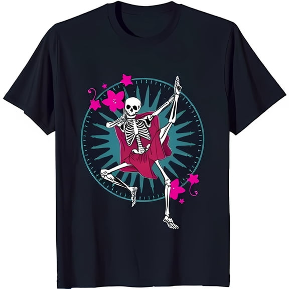 Unique Black T-Shirt with Dramatic Skeleton Dance Graphic & Colorful Design