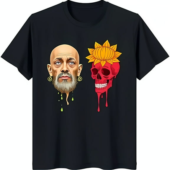 Unique Black T-Shirt with Dripping Green Man's Face & with Sunflower Graphic