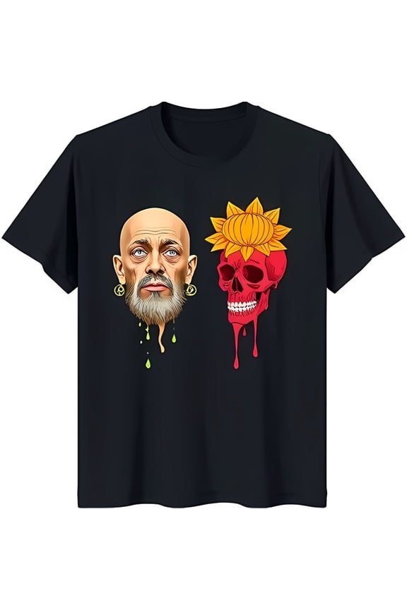 Unique Black T-Shirt with Dripping Green Man's Face & with Sunflower Graphic