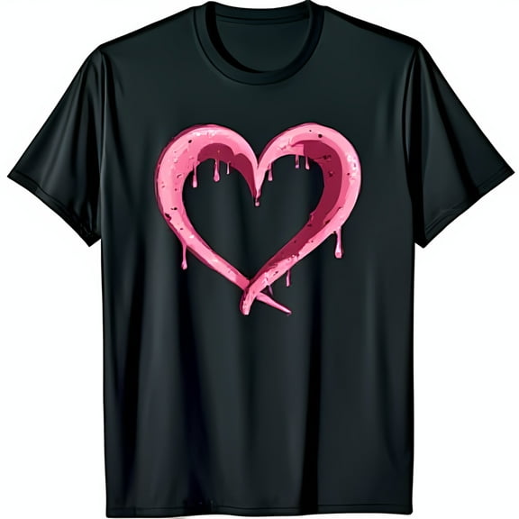 Unique Black T-Shirt with Dripping Pink Heart Graphic Eye Catching Design