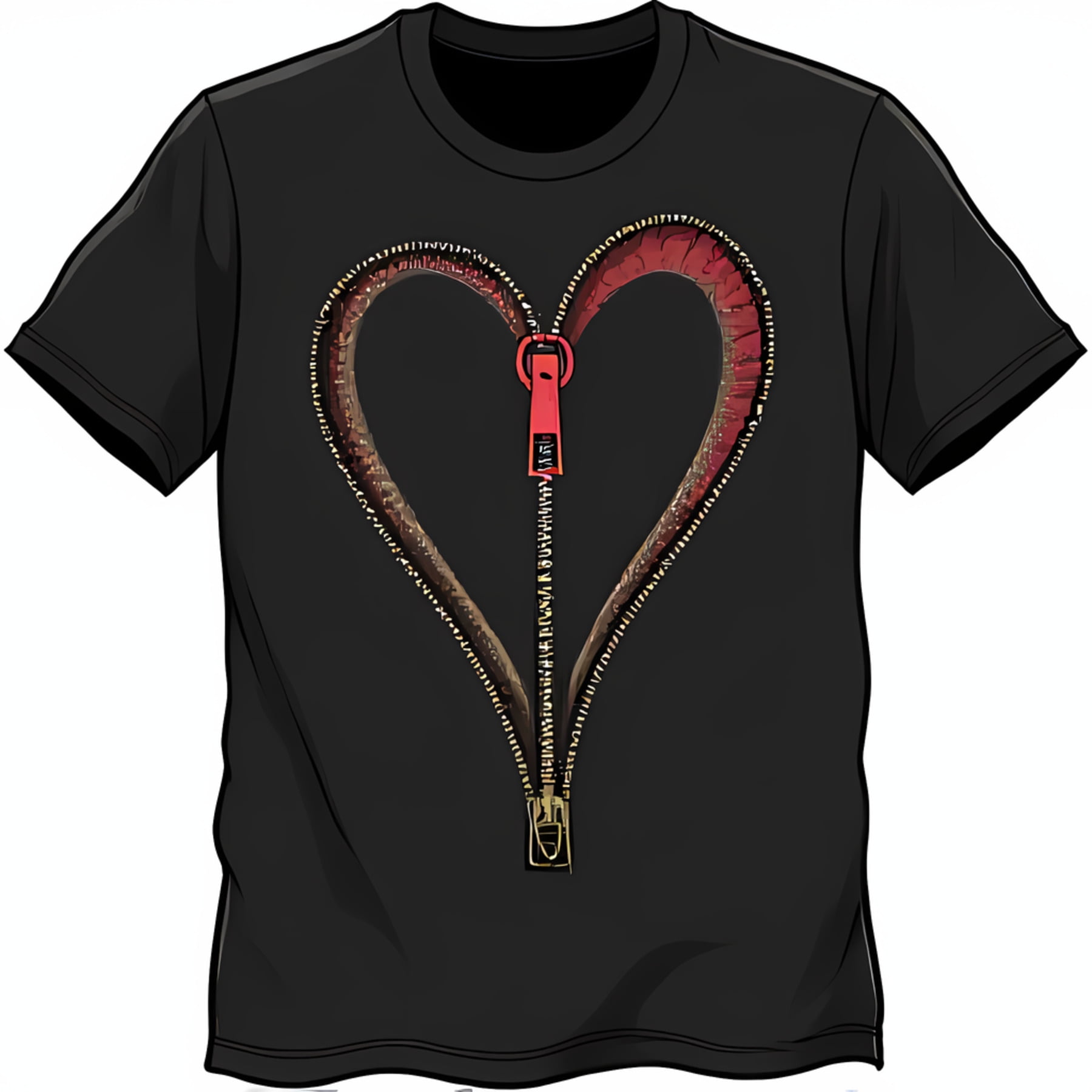 Unique Black T-Shirt with Gold Zipper Heart Design and Red Pull Whimsical Casual Wear