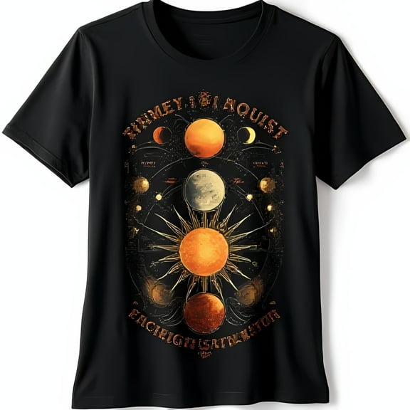 Unique Black T-Shirt with Graphic: Planets Stars & Artistic Design