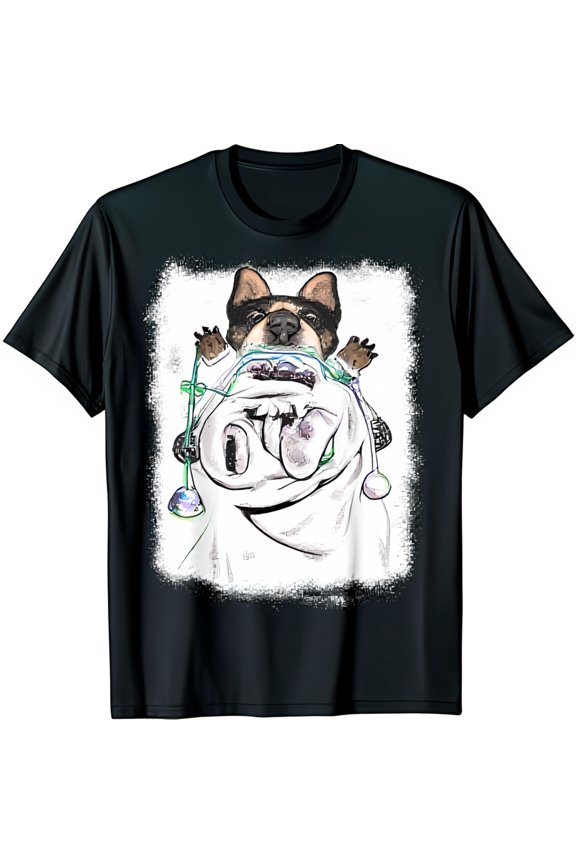 Unique Black T-Shirt with Grunge Dog in Hospital Bed Graphic Funny Pet Design