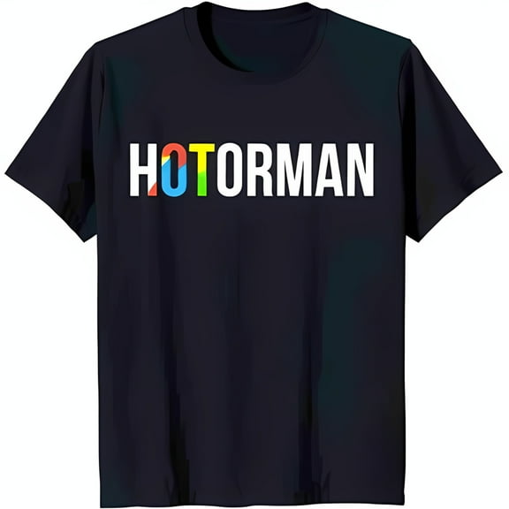 Unique Black T-Shirt with 'HOTORMAN' Design Colorful 'O' with Red Outline Yellow Green and Blue Fill Eye Catching Graphic Tee