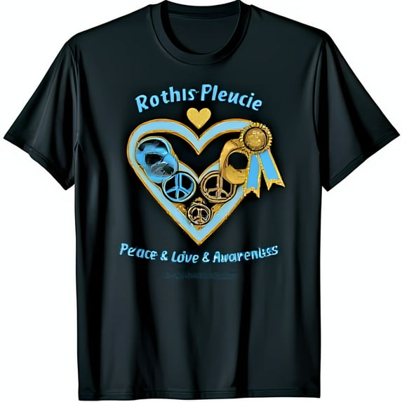 Unique Black T-Shirt with Heart Graphic Peace Signs & 'Rothis Pleusie' Text