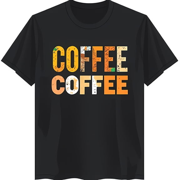 Unique Black T-Shirt with Retro 'COFFEE' Graphic in Colorful Patterns